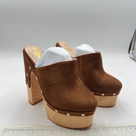 FSJ Brown Suede Round Toe Mules High Chunky Heeled Sandals Slip On Platform Shoe - Picture 4 of 8